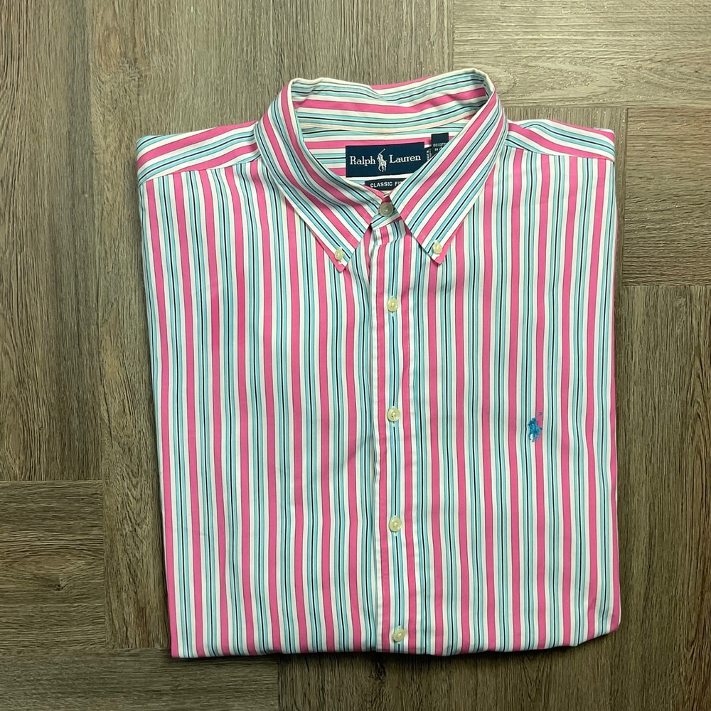 Vintage Ralph Lauren Classic Fit Striped Button Down Shirt Mens XXL Pink Blue
